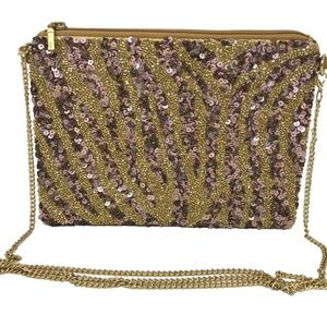 Gold Beaded Zebra Print Sequin Evening Handbag with Chain Strap